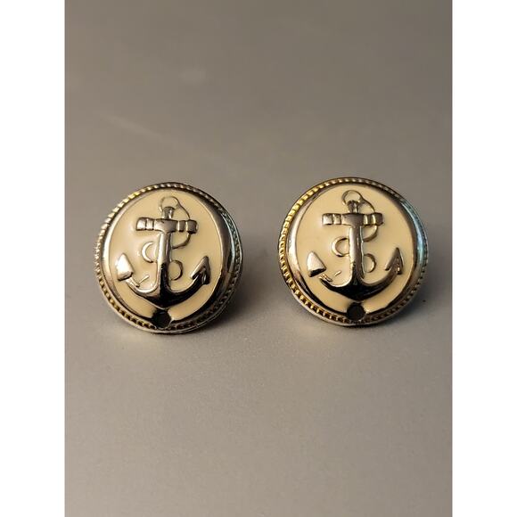Vintage Round Anchor Cream Enamel Goldtone Pierced Earrings - Picture 1 of 5